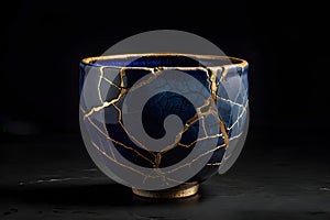 Kintsugi art isolated pottery cup in enigmatic darkness