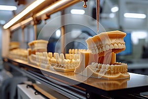 This image features a sophisticated dental 3D printer at work, precisely crafting a realistic set of teeth from resin