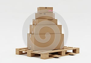 Stack of cardboard boxes on pallet isolated on white background
