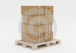 Stack of cardboard boxes on pallet isolated on white background