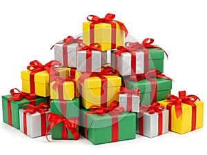 Stack of colorful gift boxes isolated on white background