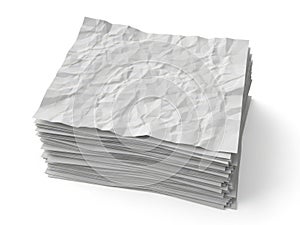 Stack of crumpled paper sheets isolated on white background