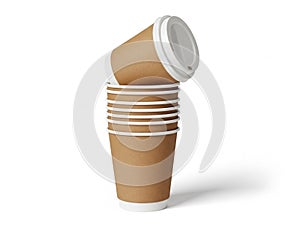 Stack of disposable coffee cups isolated on white background