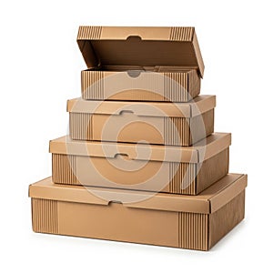 Stack of five brown cardboard boxes isolated on white background