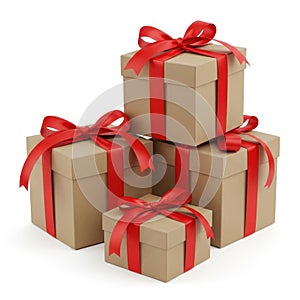 Stack of gift boxes with red ribbons isolated on white background