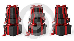 Stack of gift boxes with ribbons isolated on white background