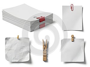 Stack of papers and clips isolated on white background