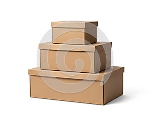 Stack of three brown cardboard boxes isolated on white background