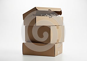 Stack of three brown cardboard boxes isolated on white background