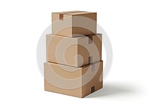 Stack of three cardboard boxes isolated on white background