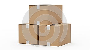 Stack of three cardboard boxes isolated on white background
