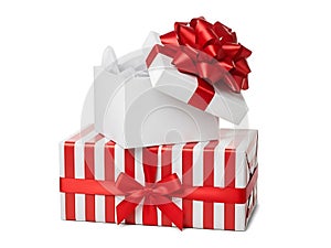 Stack of gift boxes with red bows isolated on white background
