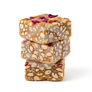 Stack of nutty squares isolated on white background