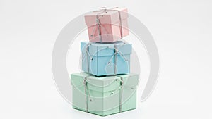 Stack of pastel colored gift boxes isolated on white background