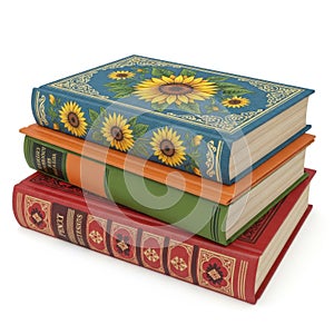 Stack of decorative books isolated on white background