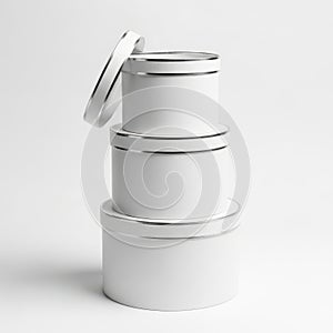 Stack of three white cylindrical containers isolated on white background