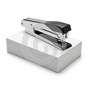 Stapler on paper stack isolated on white background