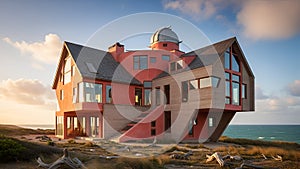 Modern upside-down house by the sea