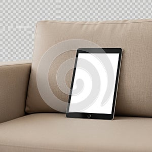 Tablet on couch isolated on white background isolated on white background