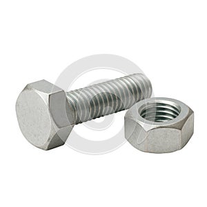 Threaded Steel Bolt and Matching Nut on white background