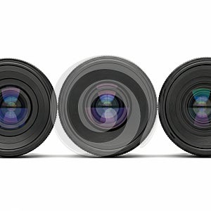 Three camera lenses isolated on white background