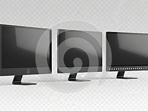 Three computer monitors isolated on white background isolated on white background