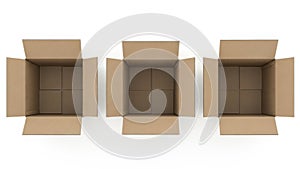 Three open cardboard boxes isolated on white background
