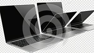 Three laptops in different angles isolated on white background