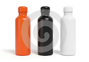 Three colored water bottles isolated on white background