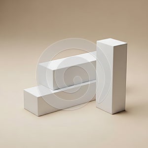 Three white rectangular blocks arranged in a triangular formation on a beige background