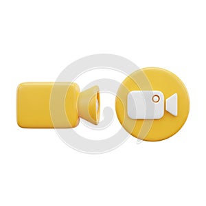 3D Rendered Yellow Video Camera Icon and Circular Play Button with Camera Symbol on White Background