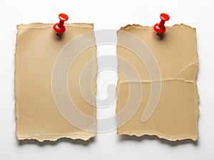 Two notes with pushpins isolated on white background