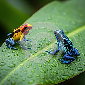Two colorful frogs on a leaf