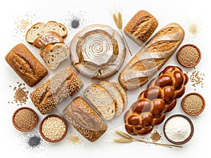 Assorted bread varieties isolated on white background