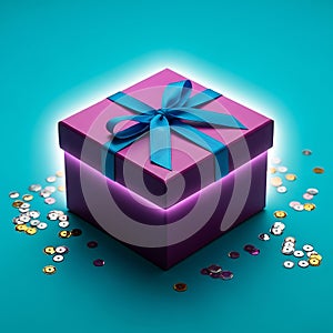 Gift Box with Blue Ribbon and Sequins