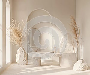 The image features a white room with a stone table and bench, potted plants, and a mirror. The room is well lit with