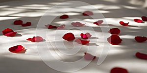Red rose petals scattered on white surface