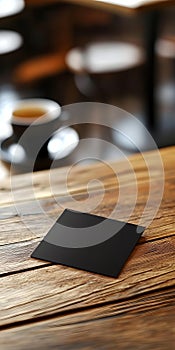 Black Square Card on Wooden Surface