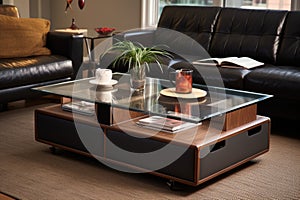 image featuring a coffee table with multiple storage drawers