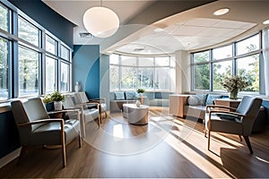An image featuring a welcoming and comfortable waiting area with stylish seating, soothing colors, and natural light, creating a