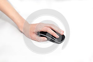 Image of female hands clicking computer mouse