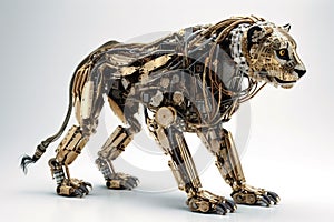 Image of a female lion modified into a robot on a white background. Wildlife Animals. Illustration, Generative AI