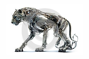 Image of a female lion modified into a robot on a white background. Wildlife Animals. Illustration, Generative AI
