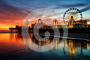 An image of a ferris wheel placed on top of a sandy beach next to the vast expanse of the ocean., Santa Monica Pier at sunset, AI