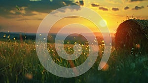 Image of a field with a round bale of hay against a sunset sky