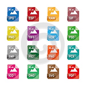 image file formats, file extensions, Flat colorful icons, isolated on white background.