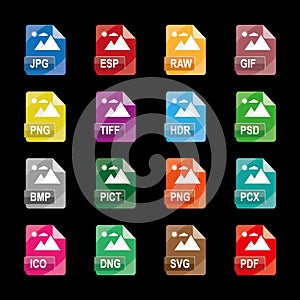 Image file formats, file extensions, Flat colorful vector icons, isolated on white background.