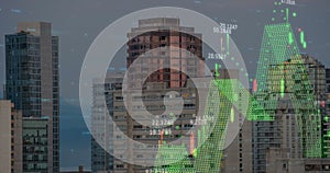 Image of finacial data processing over cityscape