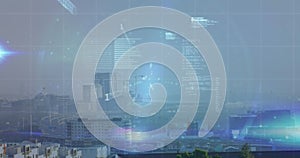 Image of finacial data processing over cityscape photo
