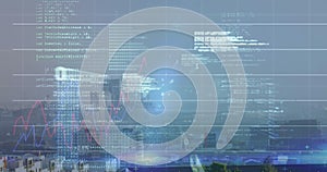 Image of finacial data processing over cityscape photo